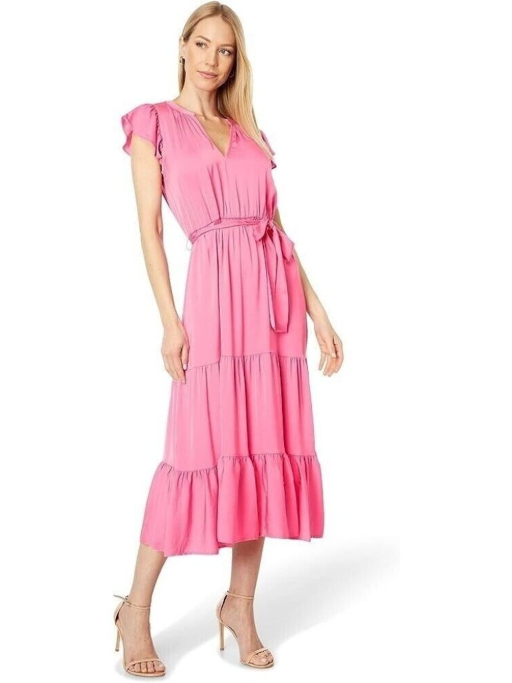 Tommy Hilfiger Magenta Pink Midi Dress Size 2 V-Neck Fluttered Sleeves Unlined